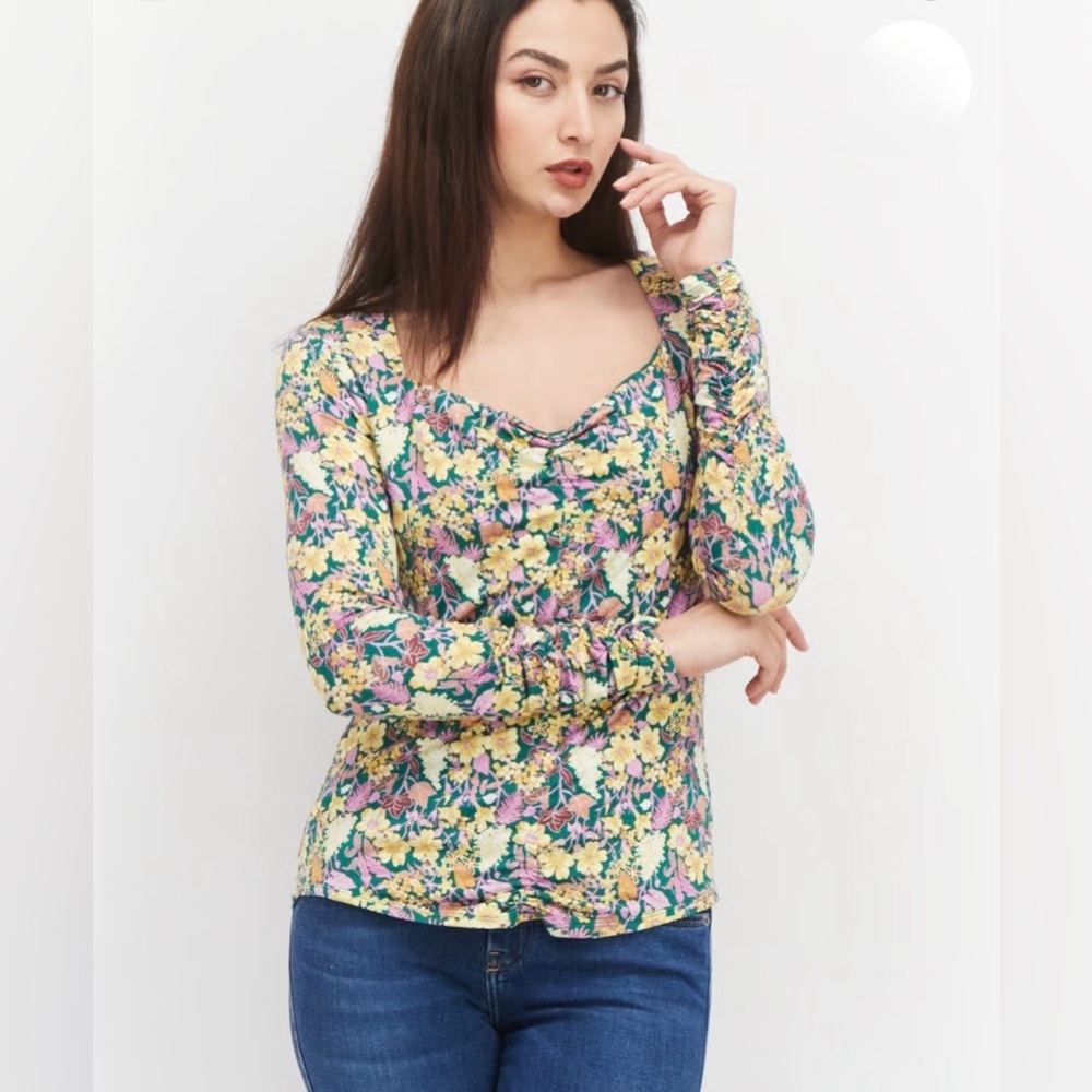 INC Square Cottagecore Square Neck Floral Print Top Purple Yellow Long Sleeve 2X